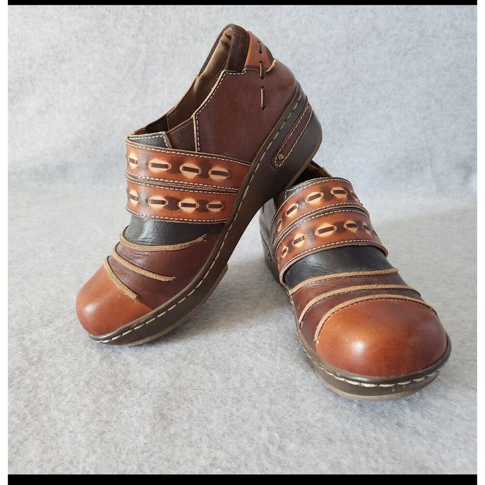 EUC L' Artiste Spring Step Sherpet Leather Clog Slip-On Hand-Painted Brown EU36